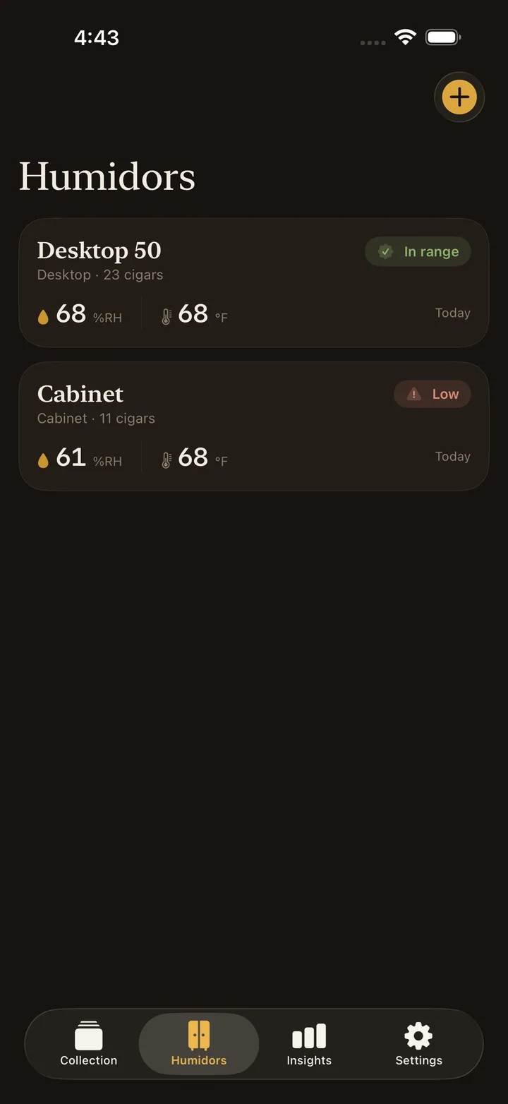 Cedar humidor tracker showing humidity and temperature against per-humidor target ranges