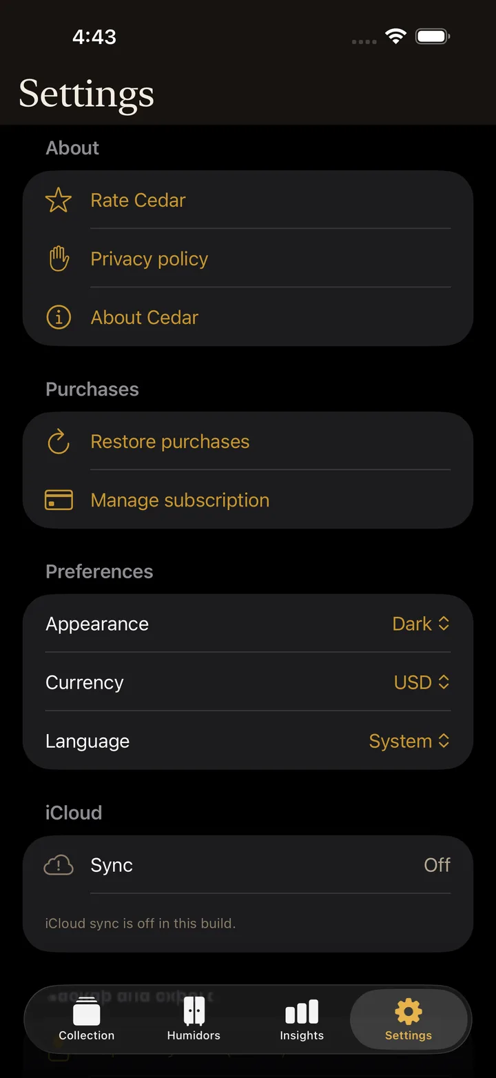 Cedar settings screen showing iCloud sync enabled for a cigar collection
